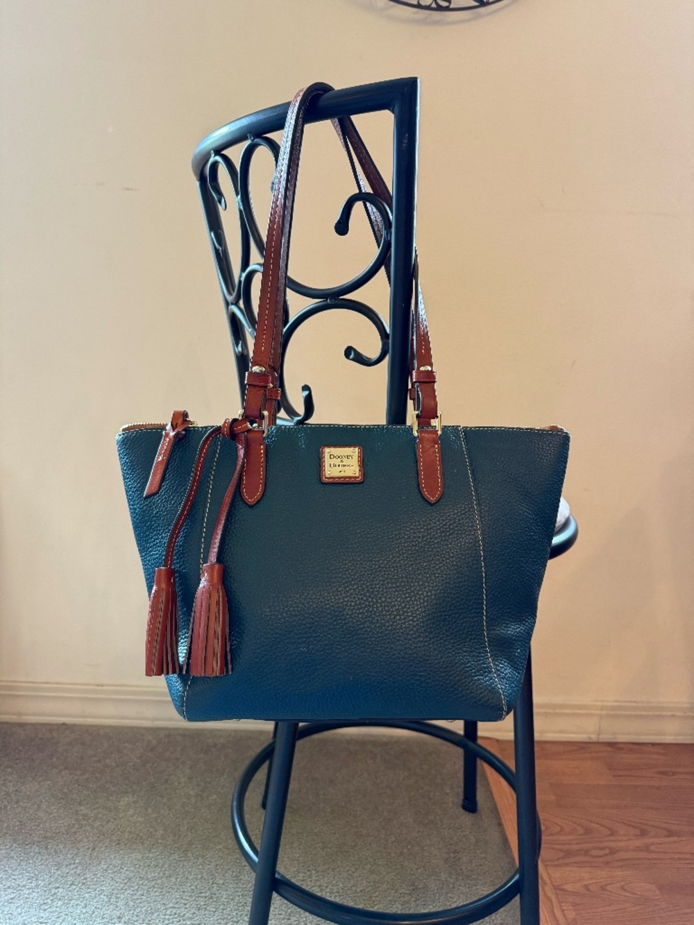 Dooney & Bourke Green/Blue Pebbled Leather Tote with Brown Trim